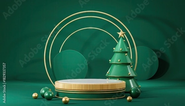 Fototapeta Festive Christmas Tree Display with Golden Accents and Green Background.