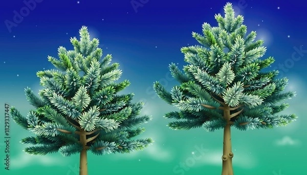 Obraz Two Lush Evergreen Trees Under a Starry Night Sky.
