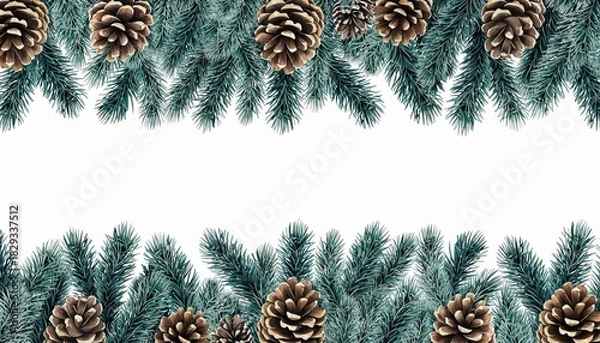 Obraz Festive Pine Boughs and Cones Border for Holiday Season.