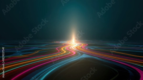 Fototapeta Colorful abstract road, intertwining lines, glowing light, futuristic, digital, dark background