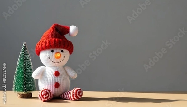 Obraz Knitted Snowman with Red Hat and Christmas Tree on Beige Surface.