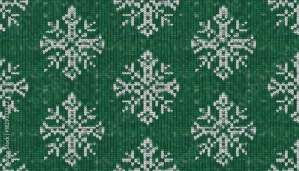 Obraz Green Knitted Snowflake Pattern Festive Winter Holiday Design.