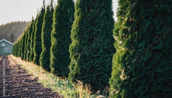 Obraz Row of tall green trees in a field with a house in the background.