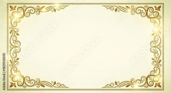 Obraz Elegant golden rectangular frame with ornate swirls and glowing accents, a classic vintage border for invitations or certificates