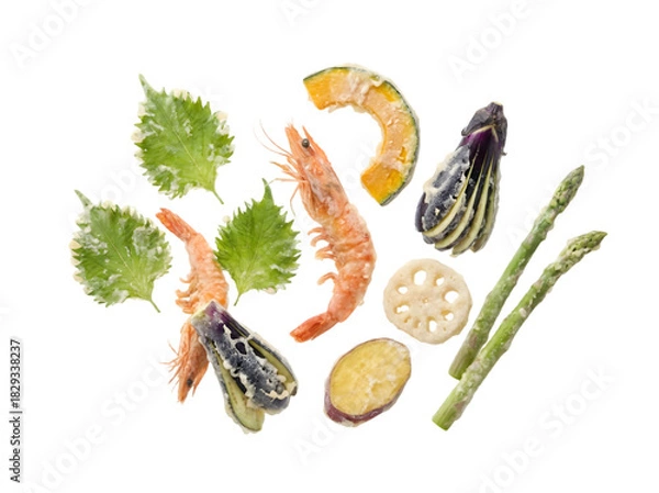 Obraz A Colorful Medley of Fresh Ingredients Including Shrimp, Vegetables, and Fruits For Culinary Delight