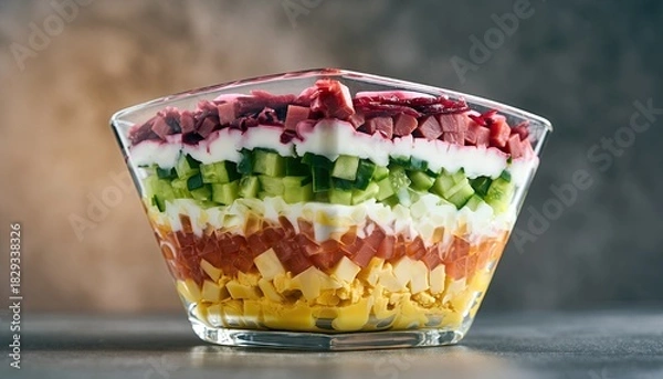 Obraz Colorful layered salad in a clear glass bowl, appetizing and fresh.