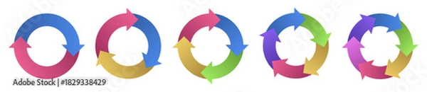 Fototapeta カラフルなグラデーションの回転サイクル矢印（サイクル図）のセット　2〜6要素の循環プロセス矢印テンプレートベクターイラスト