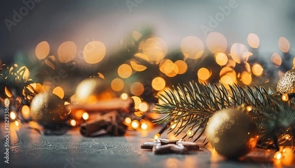 Obraz Festive Christmas decorations with golden ornaments and twinkling lights.