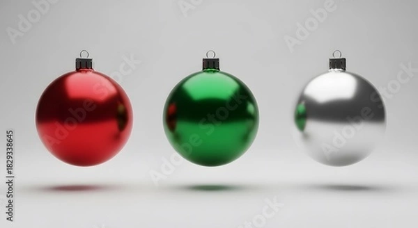 Obraz Festive Trio Shiny Red, Green, and Silver Christmas Ornaments