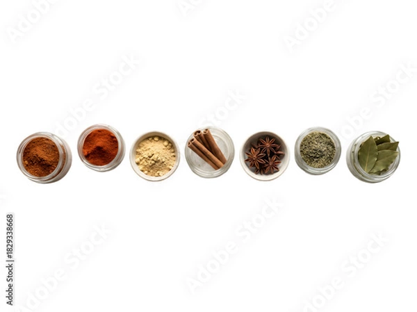 Obraz An array of colorful spices arranged in small jars showcasing culinary diversity and flavor profiles