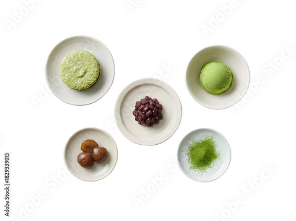 Obraz A Beautiful Arrangement of Traditional Japanese Desserts Showcasing the Delicacies of Matcha, Red Beans, and Yuzu Flavors