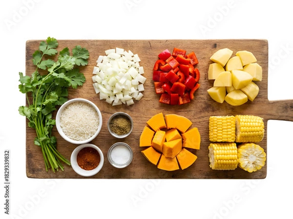 Obraz Vibrant Ingredients for a Delicious Meal Preparation on a Rustic Wooden Cutting Board