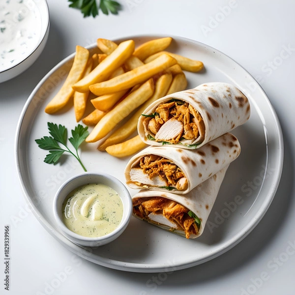 Obraz Photorealistic Chicken Shawarma Wraps with Fries and Garlic Sauce on White Plate