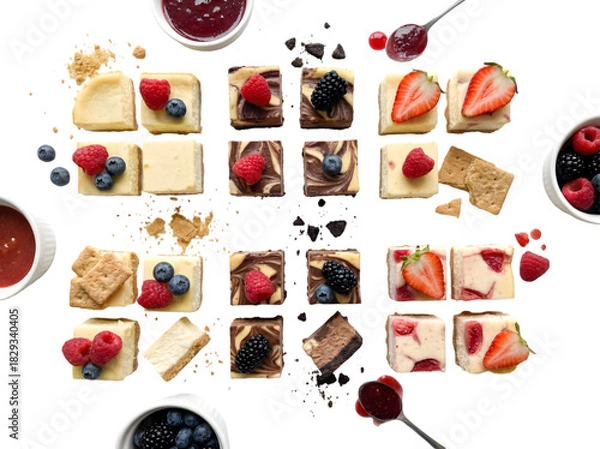 Obraz A Colorful Array of Cheesecake Bites Garnished with Fresh Berries and Sauces Perfect for Any Dessert Lover