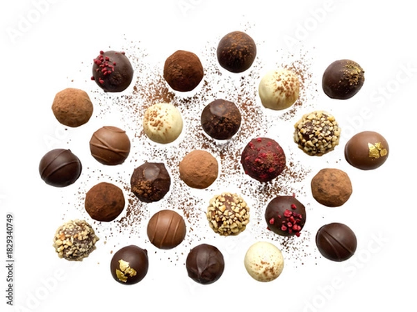 Obraz Delightful Assortment of Artisan Chocolates Presented on a Rustic Tabletop Surrounded by Cocoa Powder and Nuts