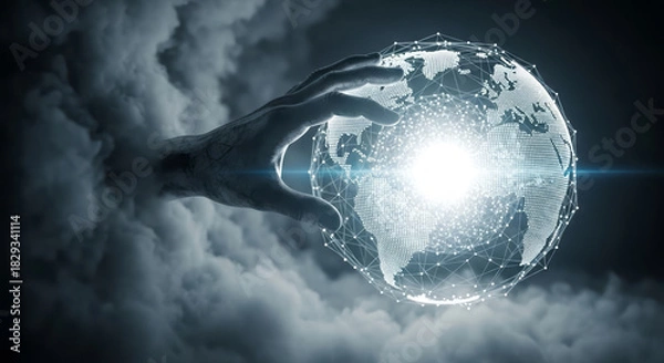 Obraz Powerful hand holds digital globe amid clouds of innovation