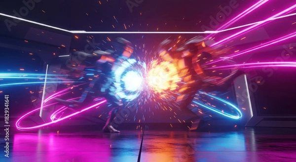 Obraz Dynamic robot battle with vibrant neon lights and energy sparks