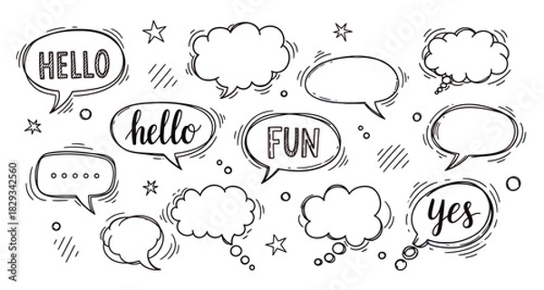 Fototapeta Hand drawn speech bubbles with words hello fun and yes