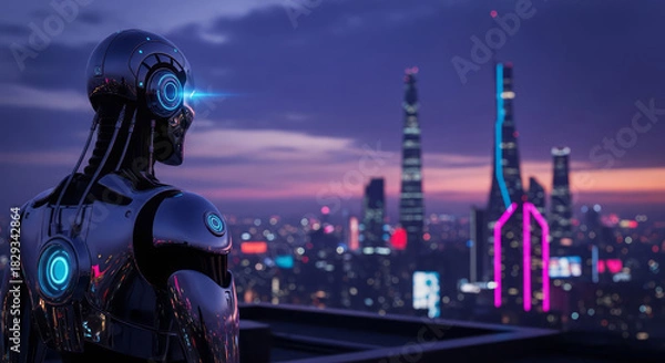 Obraz Robot looks over futuristic city skyline at dusk, cyberpunk vibe