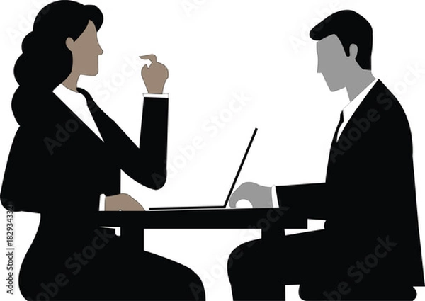 Fototapeta Woman in black suit gesturing to man in grey suit with laptop at table business meeting discussion