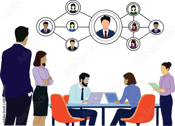 Fototapeta Diverse business team in meeting with digital network diagram above office collaboration