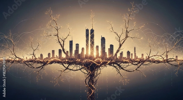 Obraz Stunning skyline with golden roots reaching into future growth