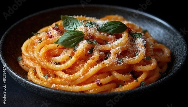 Fototapeta Close up of spaghetti pasta with tomato sauce and basil leaves. Perfect for food blog, menu, or social media content about Italian food.