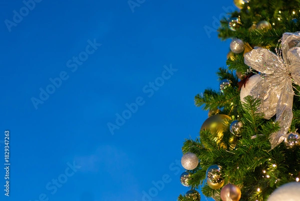 Obraz Christmas ball decorate on pine tree branch sunset sky night light merry christmas
