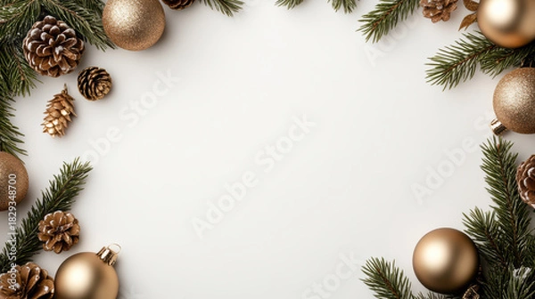 Fototapeta Gold bauble pine cone evergreen border with soft luminous festive mood