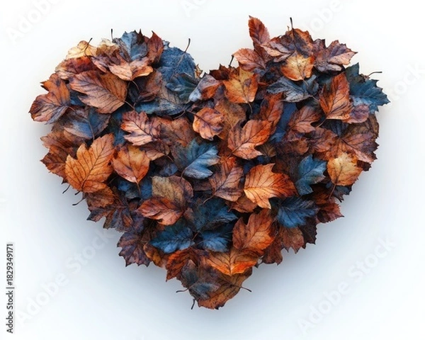 Fototapeta Heart made of autumn leaves in brown, orange and blue colors on white. Use this background to add lovely seasonal designs or greetings.