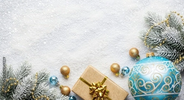 Obraz Christmas decorations with ornaments, gift box, and snowy background