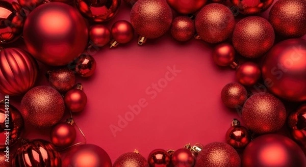 Fototapeta Festive red Christmas ornaments arranged in a circular frame on a red background