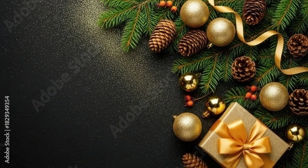 Fototapeta Festive Christmas background with ornaments, pine cones, and a gift box