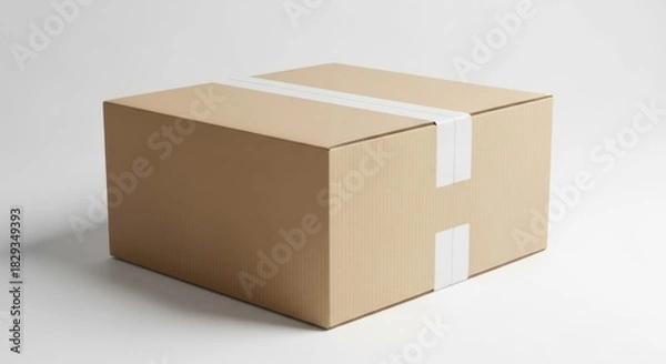Obraz Cardboard box sealed with white tape on a white background, ready for shipping