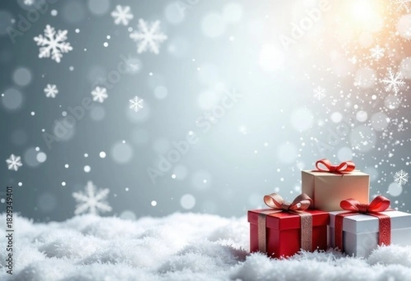 Obraz Merry Christmas and Happy New Year silver shiny background with 3d gift boxes and snow, card template with place for text