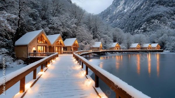 Obraz Snowy lakeside cabin walkway glowing with warm lights, cozy evening atmosphere