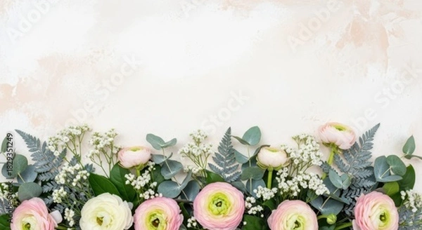 Obraz Elegant floral arrangement with ranunculus, eucalyptus, and baby's breath