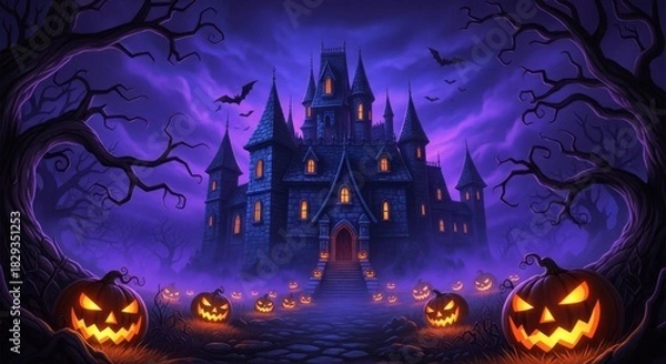 Obraz Spooky Halloween night scene with a haunted castle and glowing pumpkins