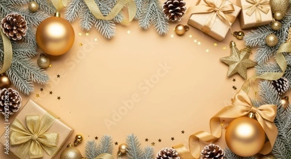 Fototapeta Festive Christmas background with ornaments, gifts, and decorations