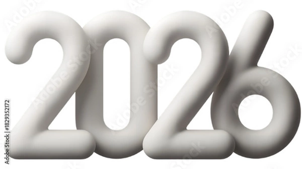 Fototapeta White inflated number 2026 on transparent background, design element