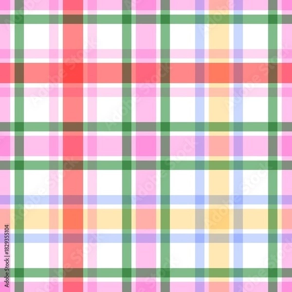 Obraz Colorful pastel Christmas gingham  plaid pattern background. Seamless pink, green, yellow, and blue checkered design perfect for festive wrapping, crafts, fabric, and holiday digital projects.
