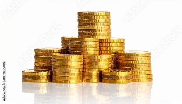 Fototapeta A pyramid of stacked gold coins isolated on a white background, symbolizing investment, savings, and financial prosperity