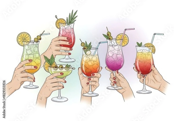 Obraz Hands holding colorful cocktails with garnish art