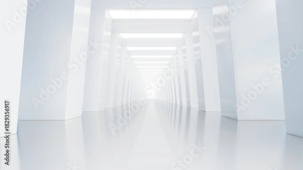 Fototapeta Abstract architecture tunnel space with empty white concrete floor, Geometric with neon light, Sci-fi interior for product presentation, 3d rendering