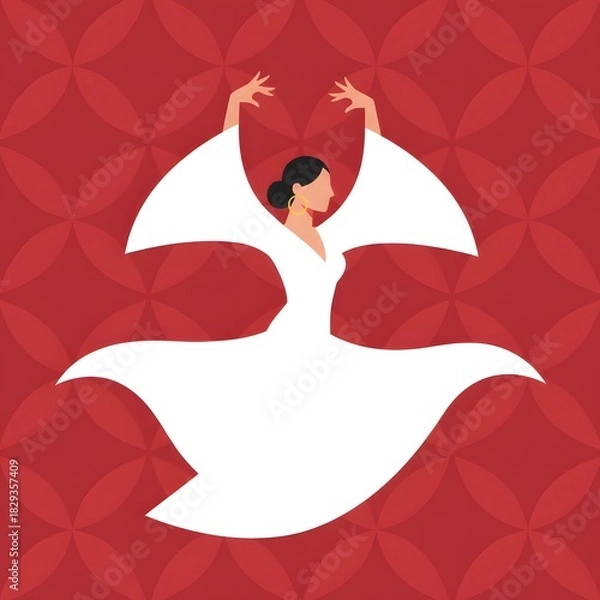 Fototapeta Whirling Dervish: A graceful silhouette of a whirling dervish in a white flowing robe, the dance of devotion against a patterned crimson background.
