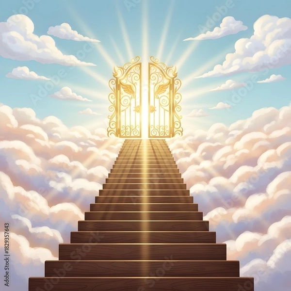 Fototapeta Ascending to Celestial Heights: A grand staircase leading to heavenly golden gates, bathed in ethereal light, beckoning one towards an unknown journey.