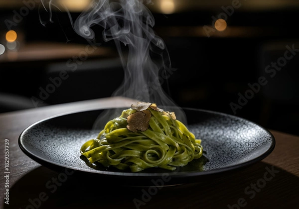 Fototapeta Steaming fresh green pasta (likely spinach or basil fettuccine/tagliatelle) tossed in a sauce, elegantly coiled and served on a textured, dark plate.