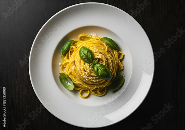 Fototapeta An overhead, elegant shot of a small, perfectly coiled portion of yellow pasta (likely Cacio e Pepe or Carbonara) presented in the center of a wide-rimmed white plate.