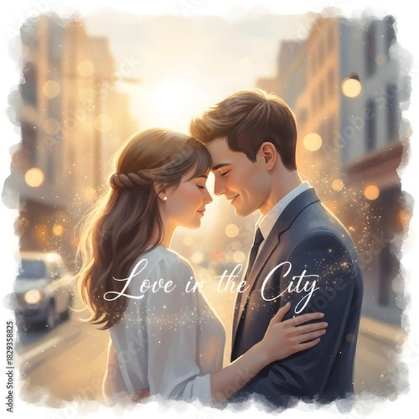 Fototapeta Love in the City: A tender moment unfolds as a couple embraces amidst the romantic glow of a city, a serene depiction of affection and connection.