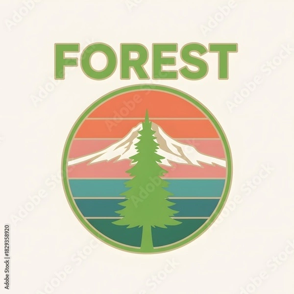 Fototapeta Forest Emblem: A vibrant and colorful emblem featuring a majestic pine tree, snow-capped mountain, and a retro-inspired sunset design, evoking a sense of adventure and tranquility.